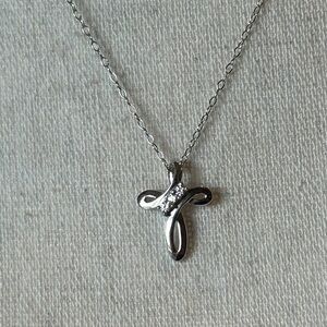 Sterling Silver Cross Necklace Ribbon Pendant with Crystals Stamped 925 CZ
